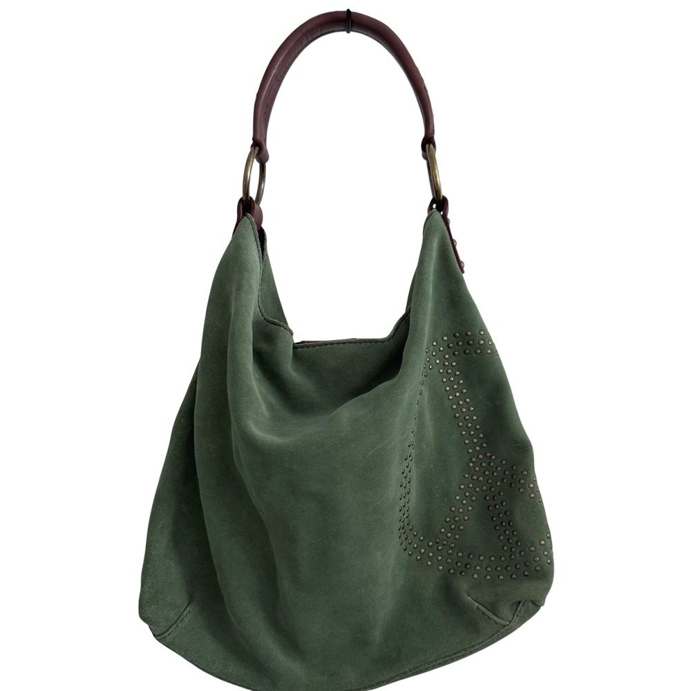 Lucky Brand Hobo Bag Green Suede Leather Vintage Y2K Peace Sign Purse NEW